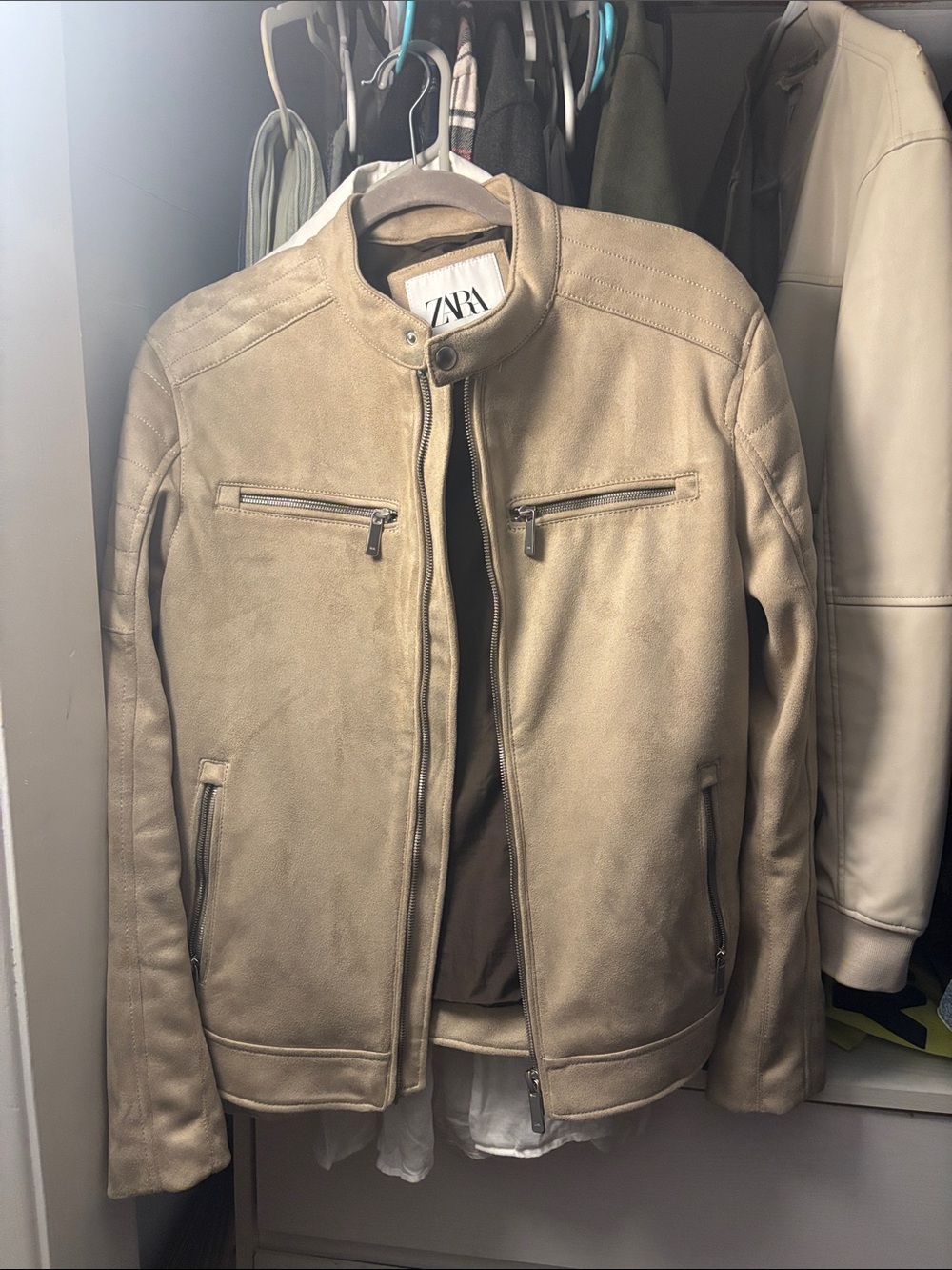 ZARA Beige/Tan Men's Bomber-Style Leather Jacket